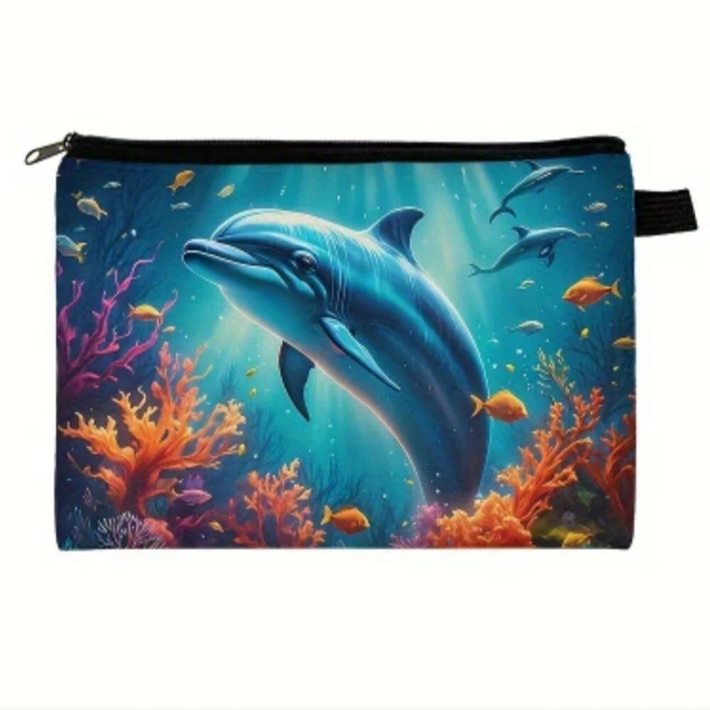 Dolphin cosmetic bag aquatic nautical zipper pouch case canvas travel bag